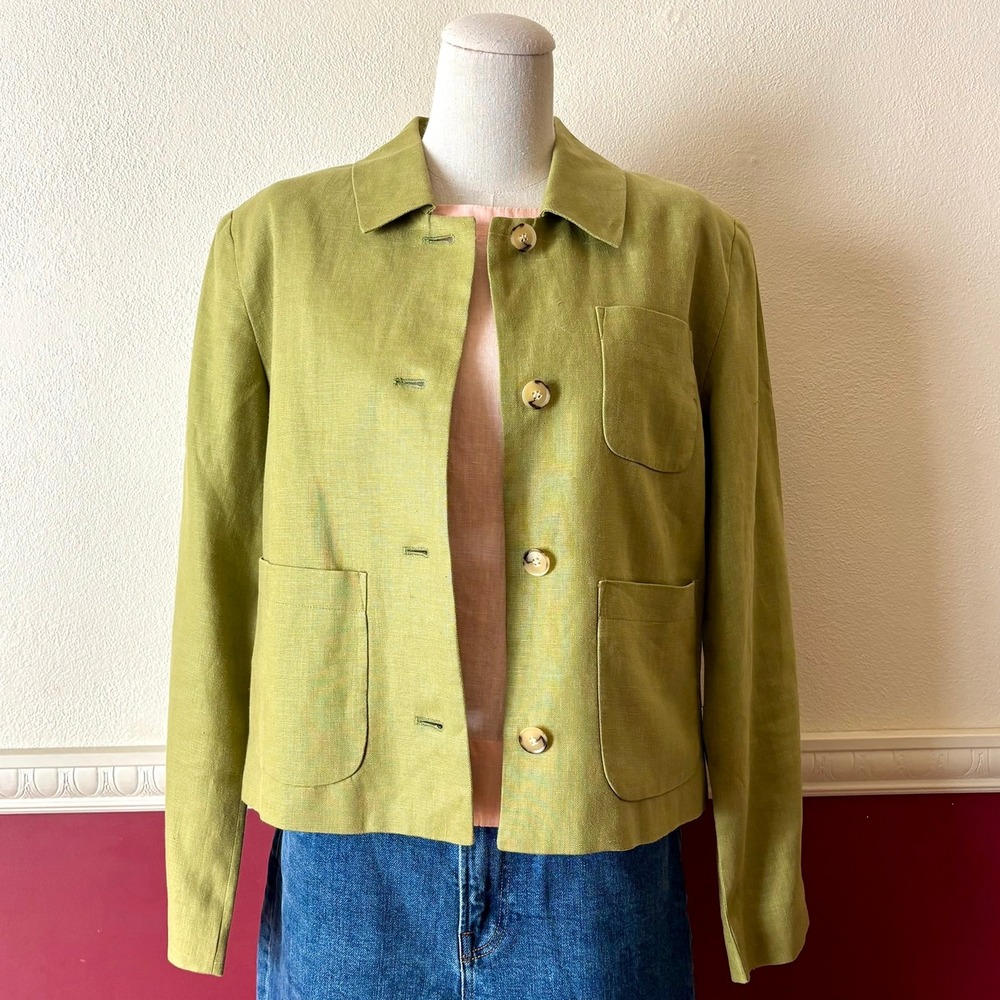 Vintage 100% Linen Button Up Jacket 6 Green Earthy Minimalist Utility Boxy 90s